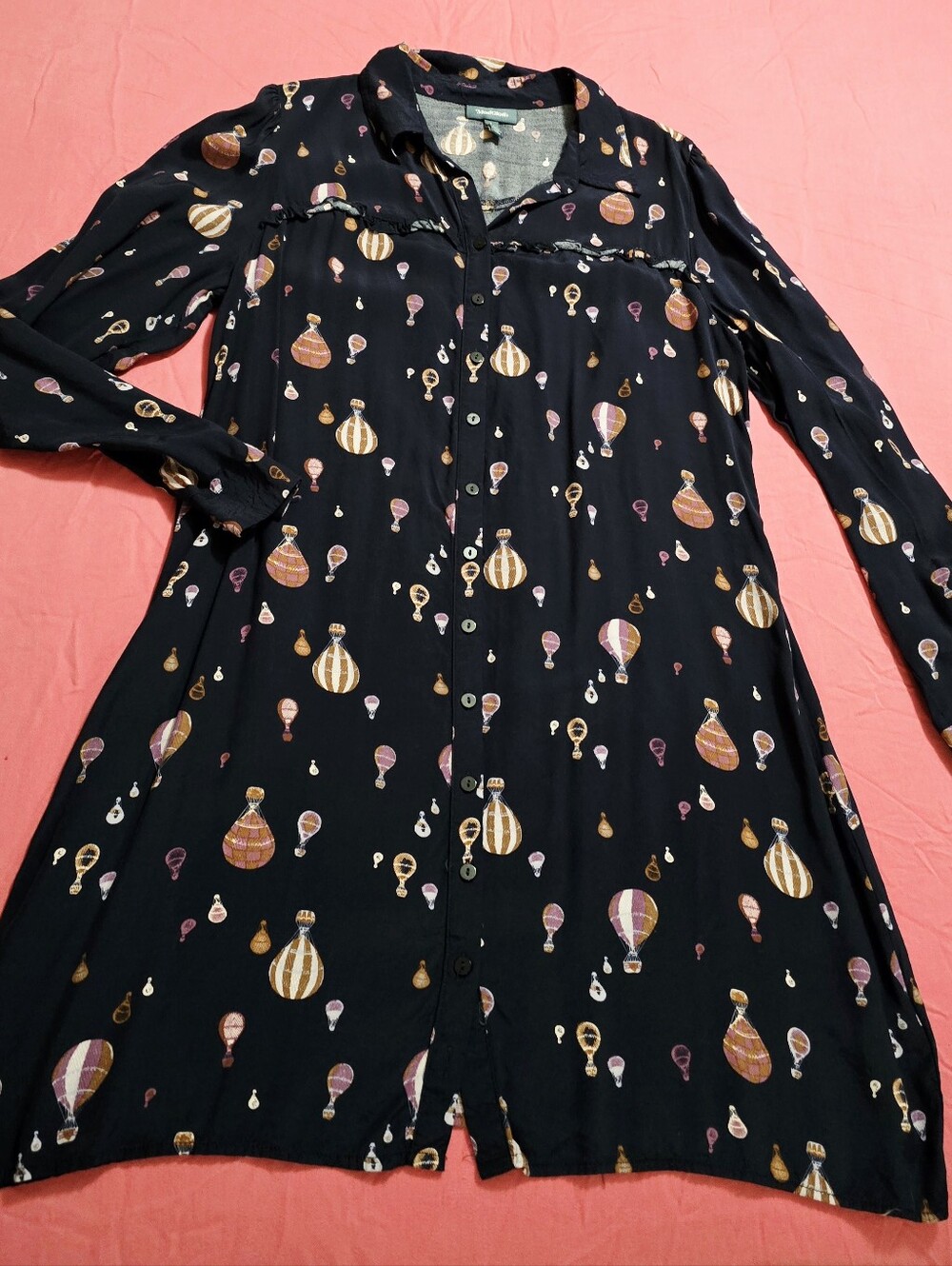 Woven Button-Front Black Hot Air Balloon Print Dress
